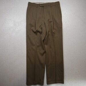 Vtg Greg Peters 32x30 Tan Green 100% Wool Pleated Cuffed High Waist Dress Pants